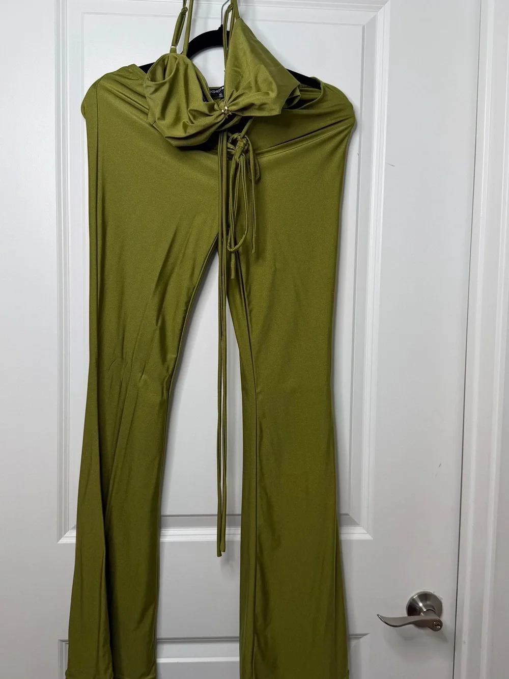Fashion Nova Olive Green Tie-Front High Waist Flare Pants - Picture 3 of 5